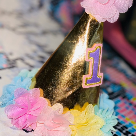 Birthday Rainbow Gold Cone Hat - Shiny Birthday Hat, 1st Birthday Rainbow Hat - Picture 4 of 5